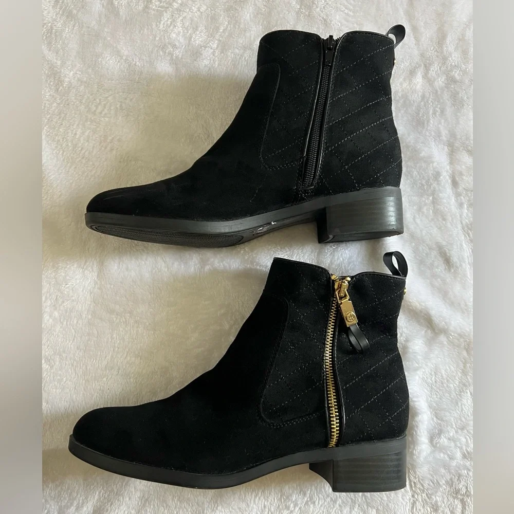 Tommy Hilfiger Black Suede Ankle Booties with Gold Zipper
